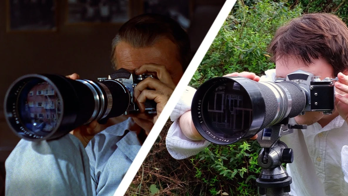 Two photographers holding vintage telephoto lenses with tripod mounts, demonstrating manual focus technique.