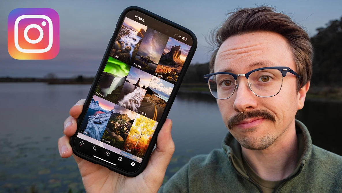 Man holding smartphone displaying Instagram feed with grid of landscape and nature photographs.