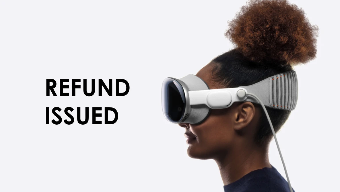 Person wearing a VR headset in profile against a light background with "REFUND ISSUED" text.