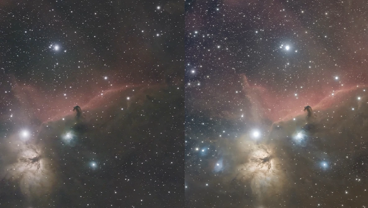 Horsehead and Flame nebulae region showing dark dust clouds silhouetted against glowing hydrogen gas and star field.