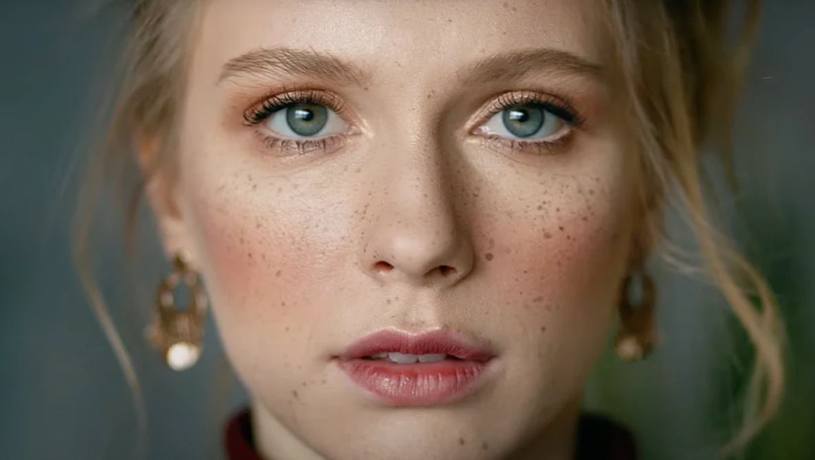 Portrait of a woman with freckles and blue-green eyes looking directly at camera.