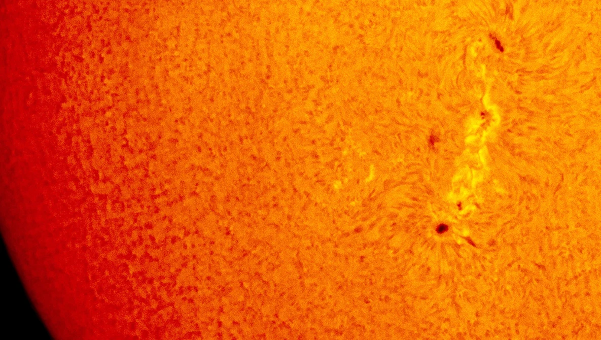 Close-up of the sun's surface showing granulation, solar prominences, and dark sunspots against the bright photosphere.