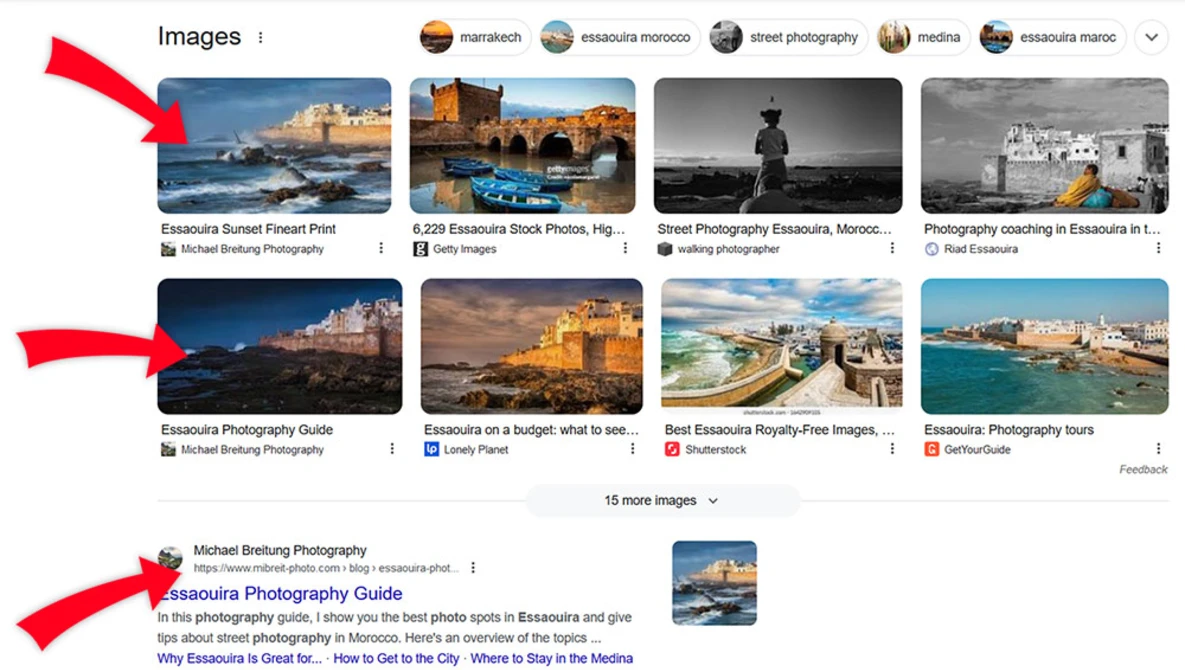 Screenshot of Google Images search results for Essaouira photography resources and guides.