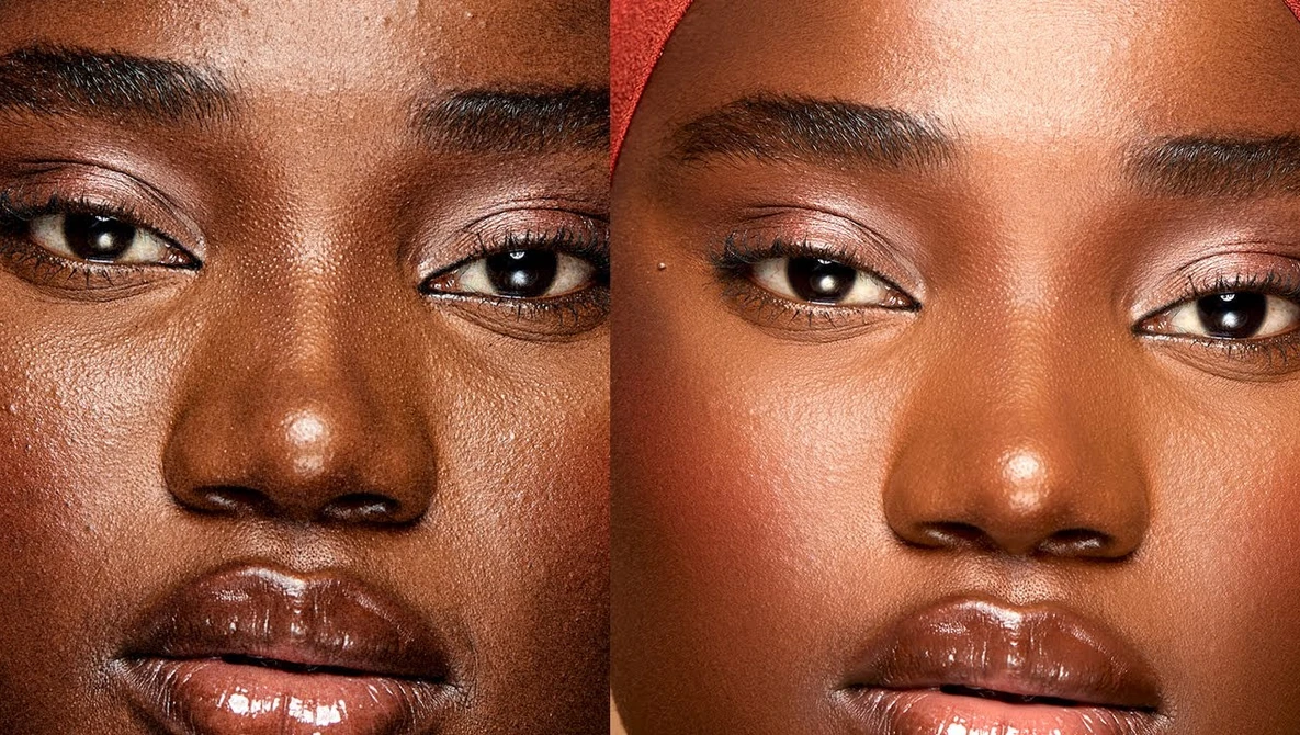 Side-by-side comparison of the same face with different skin tones and lighting conditions.