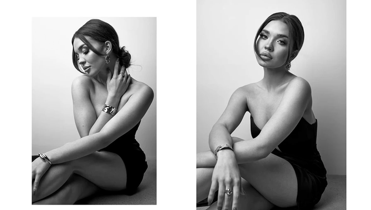 Two black and white portrait photographs showing seated women in contemplative poses with directional lighting.