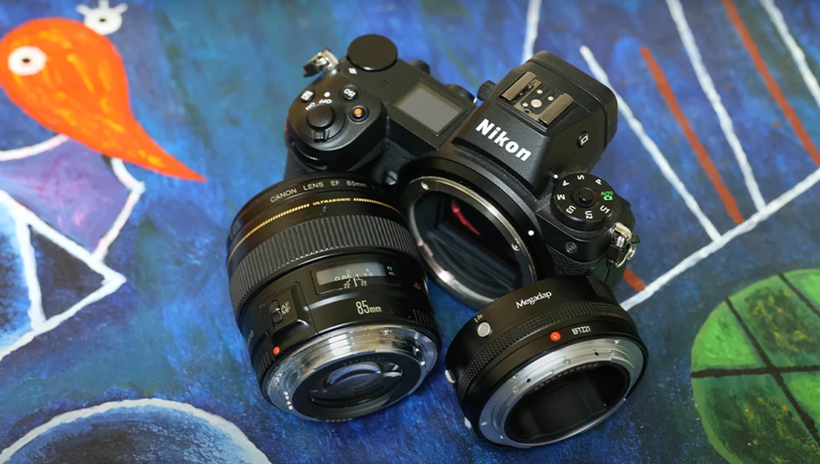 Nikon camera body with Canon and Minolta lenses arranged on colorful illustrated background.