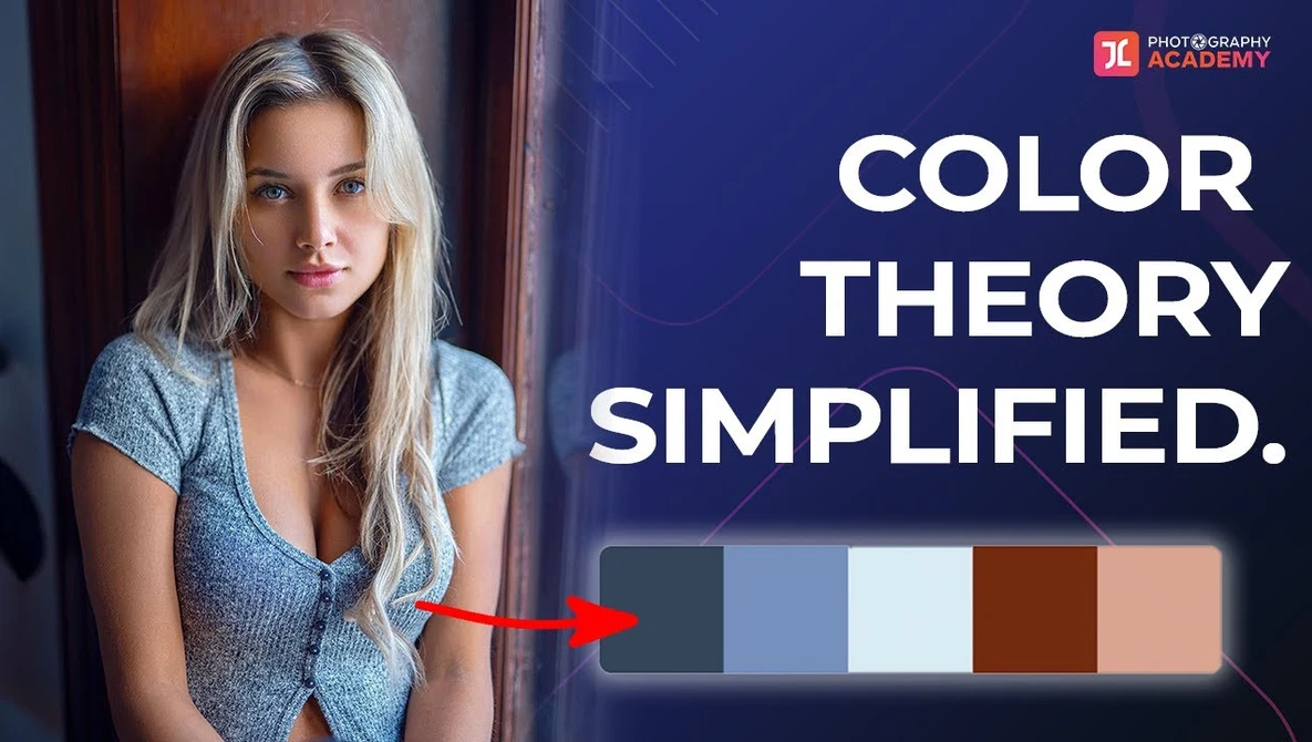 Portrait of a woman with long blonde hair wearing a blue shirt, with a color palette strip displayed below showing complementary tones.