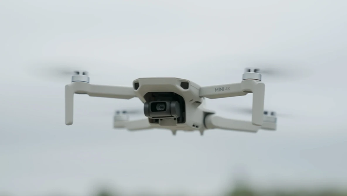 White compact drone photographed from below against an overcast sky.