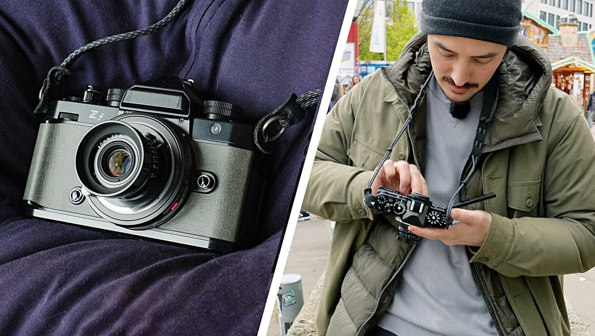 Split-frame comparison of a vintage rangefinder camera and a photographer holding a compact digital camera.