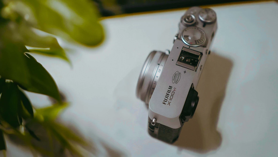 Silver rangefinder camera with dual rewind knobs viewed from above on white surface with green plant leaf in frame.