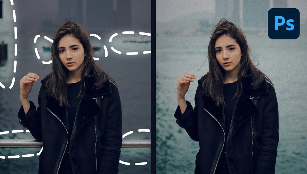 Side-by-side comparison showing portrait editing before and after in Photoshop.