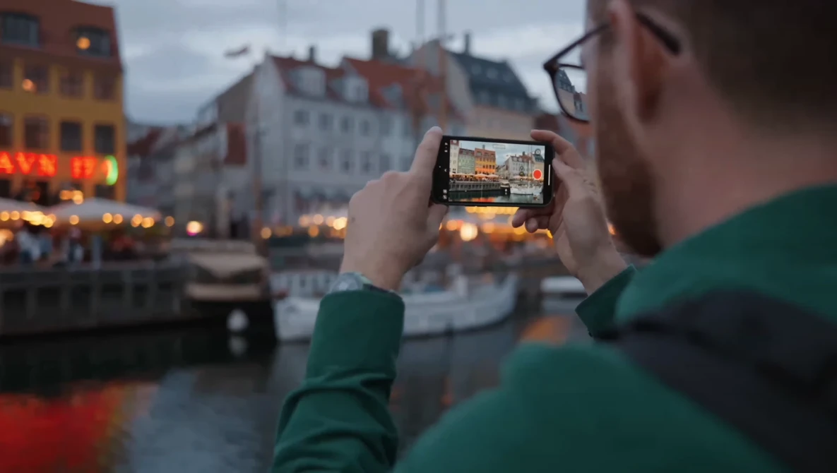 Photographer in green jacket holding smartphone horizontally while framing a canal-side European cityscape during golden hour.