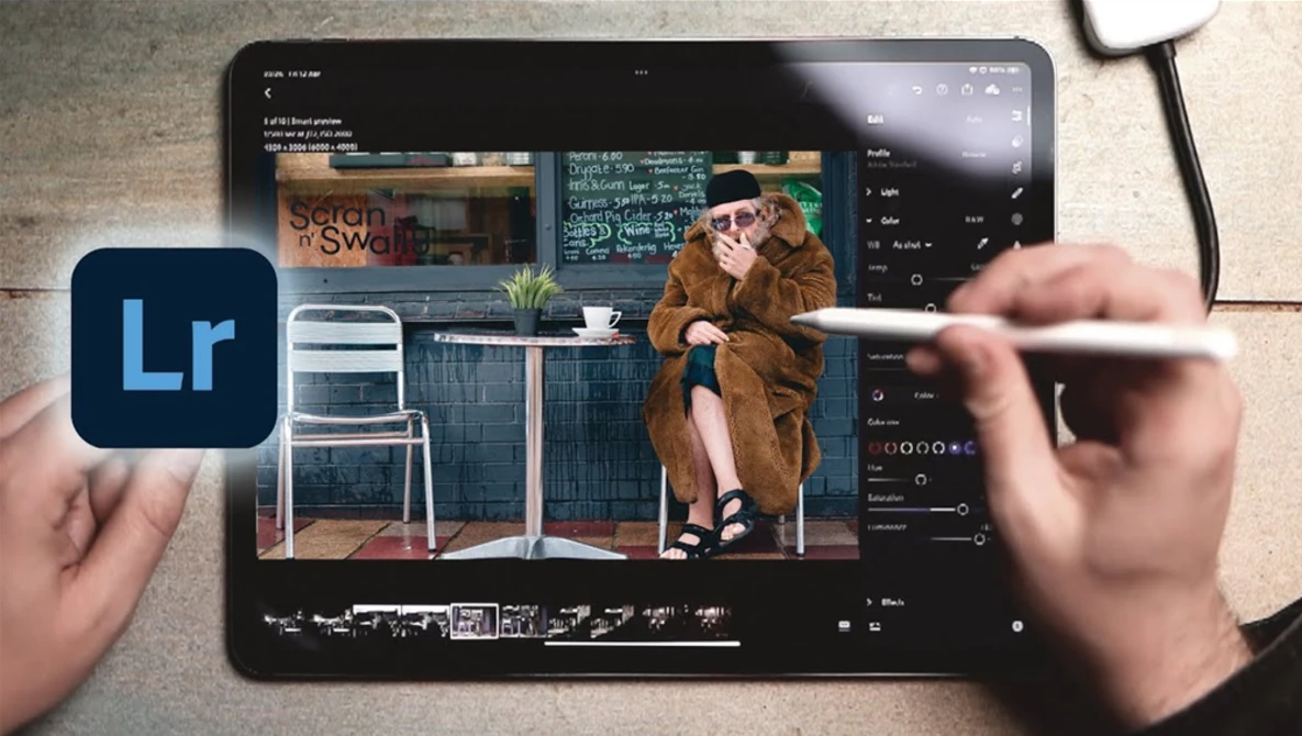 Screenshot of Adobe Lightroom editing interface on tablet with Lr logo displayed.