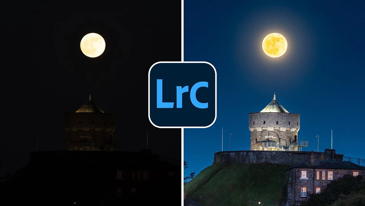 Split-screen comparison of a hilltop tower photographed in darkness and twilight, with LrC logo centered between them.