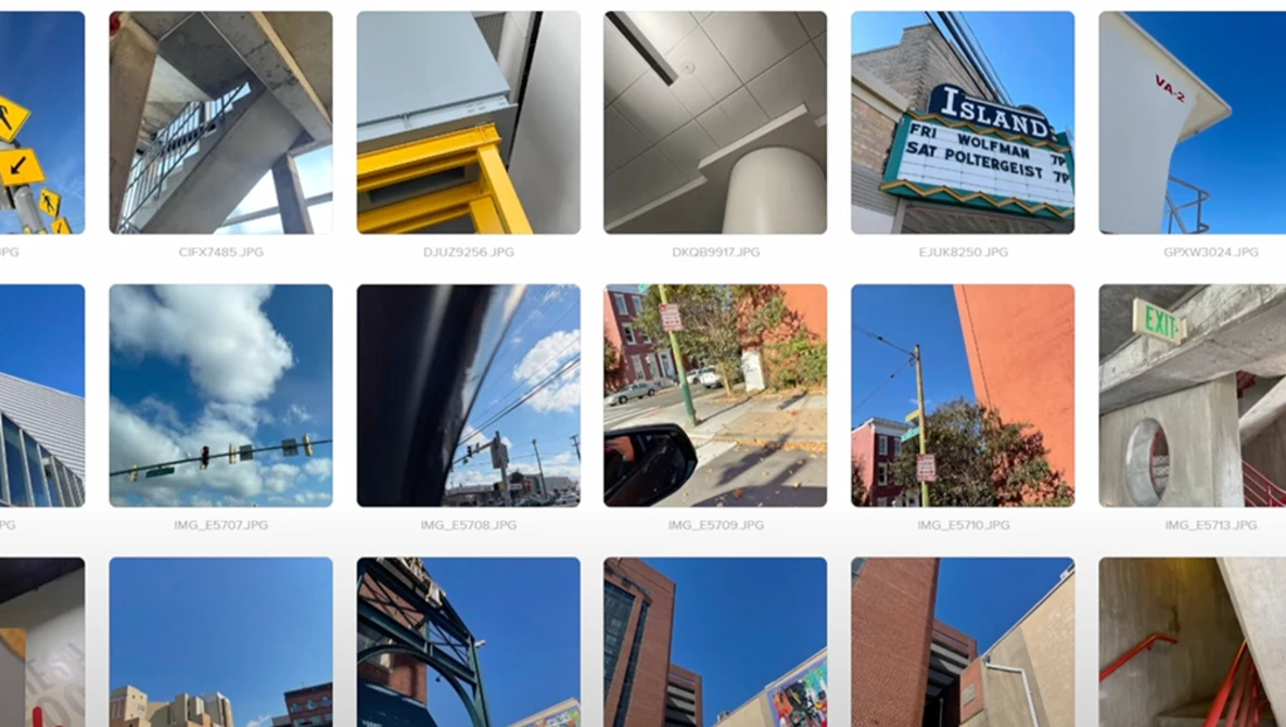 Grid of 15 urban photography thumbnails showing architectural details, street signs, and cityscapes with varied lighting and angles.