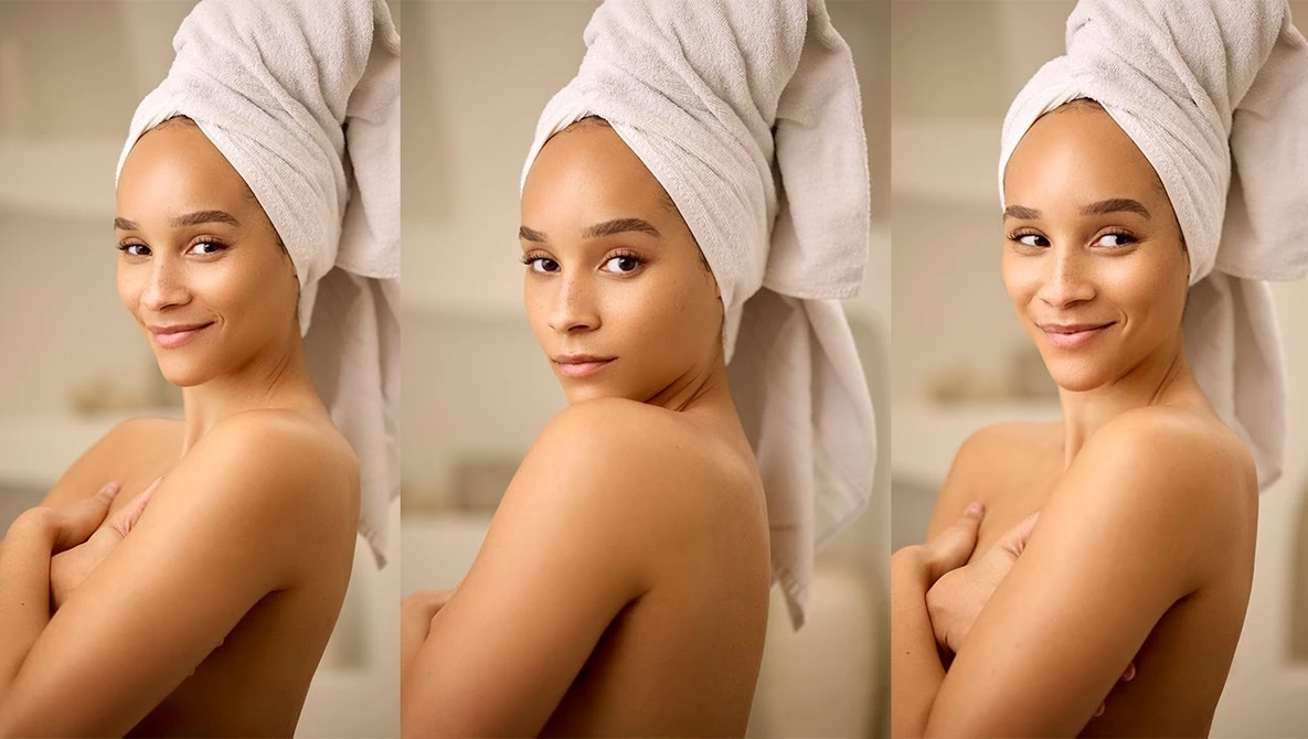 Three-frame beauty portrait series showing a woman with a towel-wrapped head in varied poses and expressions.