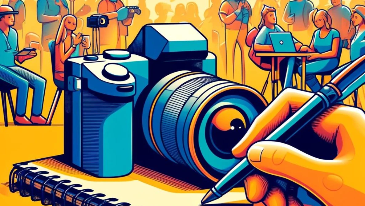 Illustration of creative professionals working with photography and design tools in a collaborative studio setting.