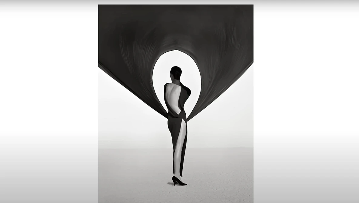 Silhouetted figure holding billowing black fabric against a bright backdrop.