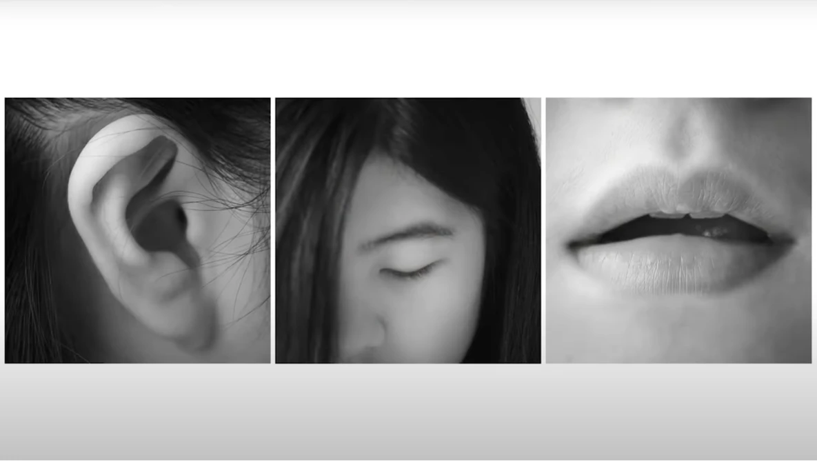 Black and white close-up portrait triptych showing an ear, closed eye with dark hair, and lips.