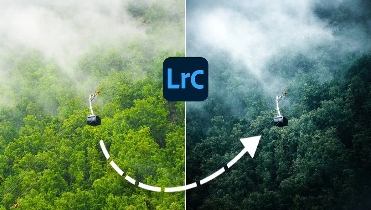 Side-by-side comparison showing aerial forest views with the Lrc logo between them, connected by a curved adjustment arrow.