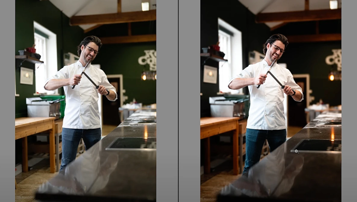 Side-by-side comparison of the same chef adjusting his apron in a professional kitchen, showing edited and unedited versions.