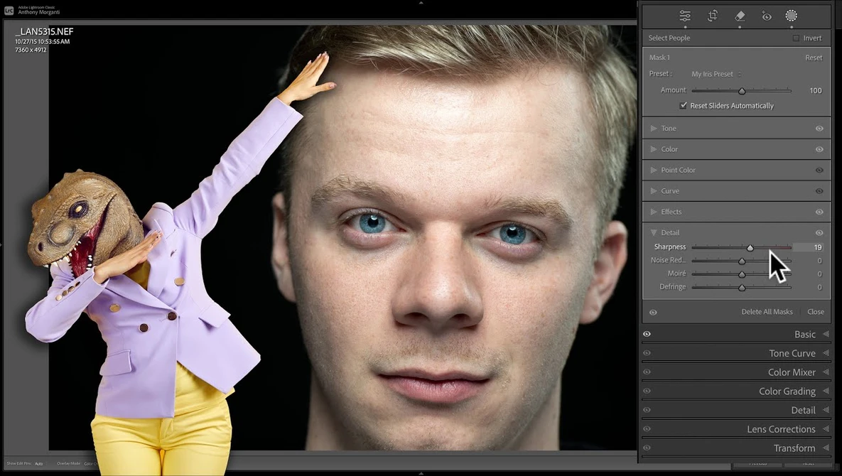 Screenshot of photo editing software showing portrait retouching with adjustment panels visible.