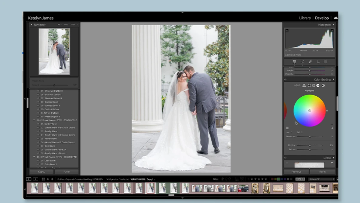 Screenshot of photo editing software displaying a wedding portrait with color grading tools visible.