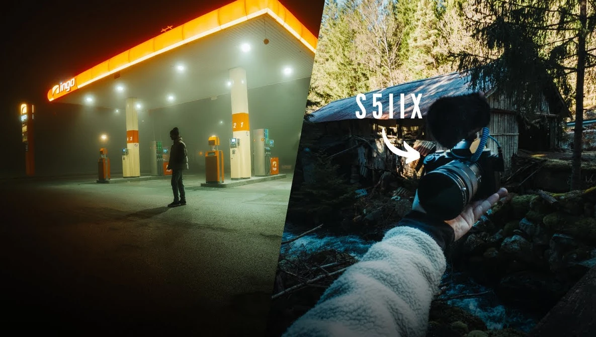 Split-screen comparison of an illuminated gas station at night and an industrial pipe with blue signage in a forest setting.