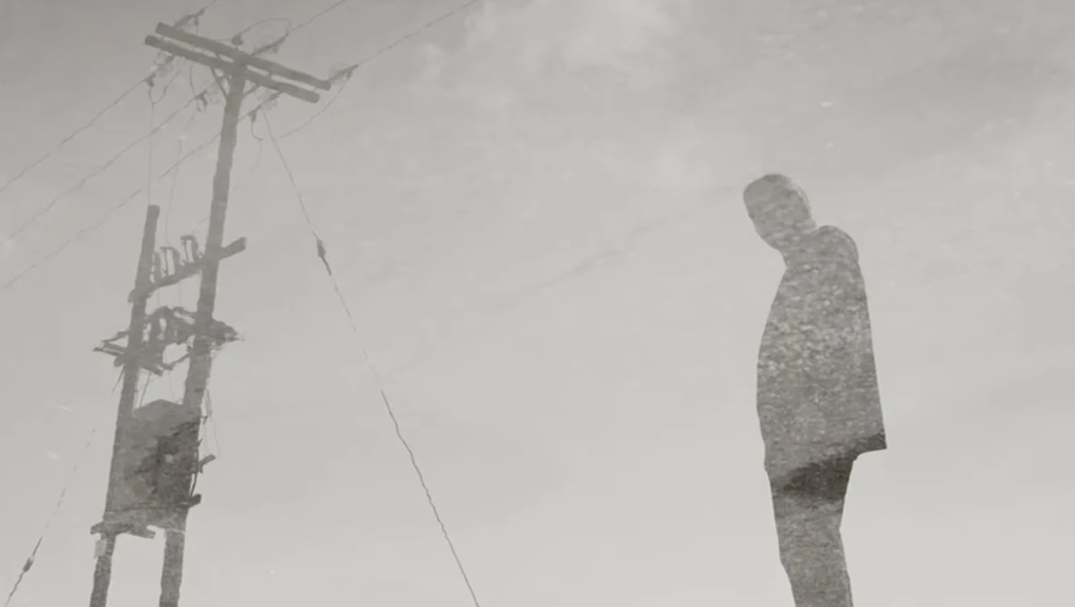Surreal double-exposure composite showing a figure merged with textured landscape against an overcast sky with utility pole.