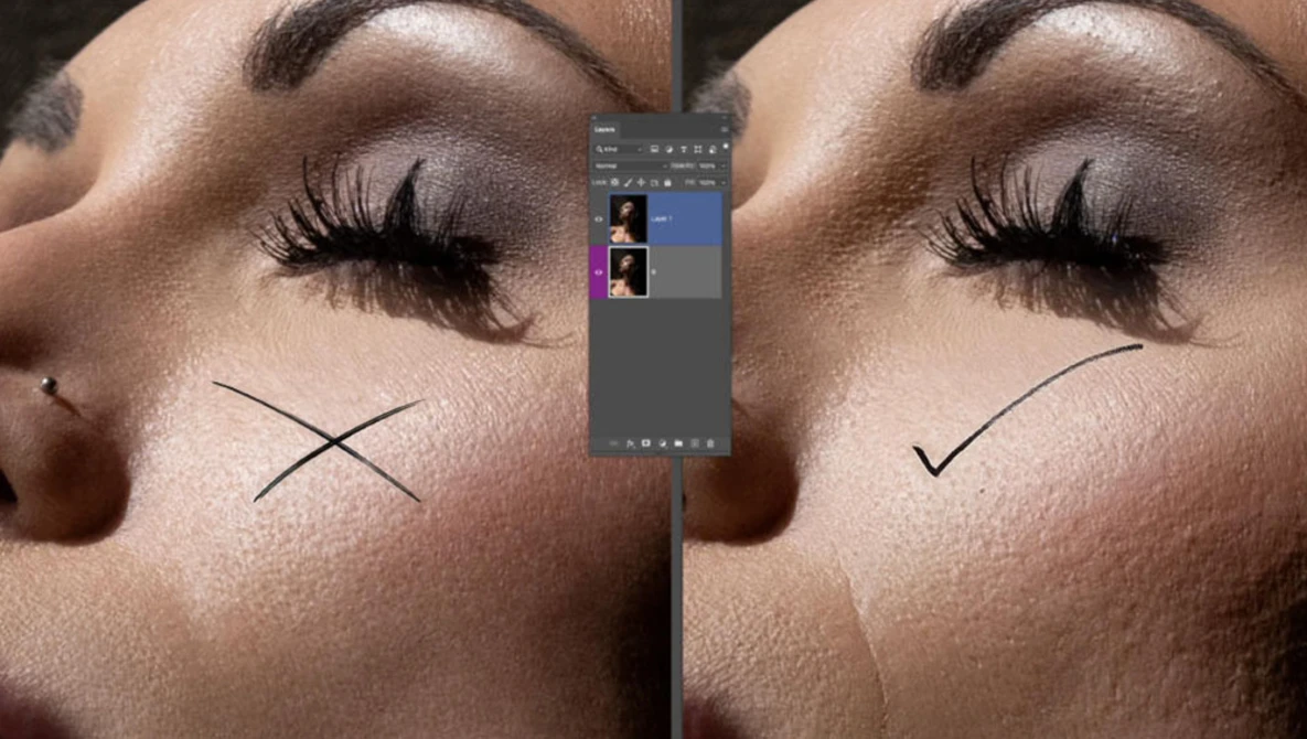 Side-by-side comparison of facial retouching techniques showing before and after skin smoothing adjustments.