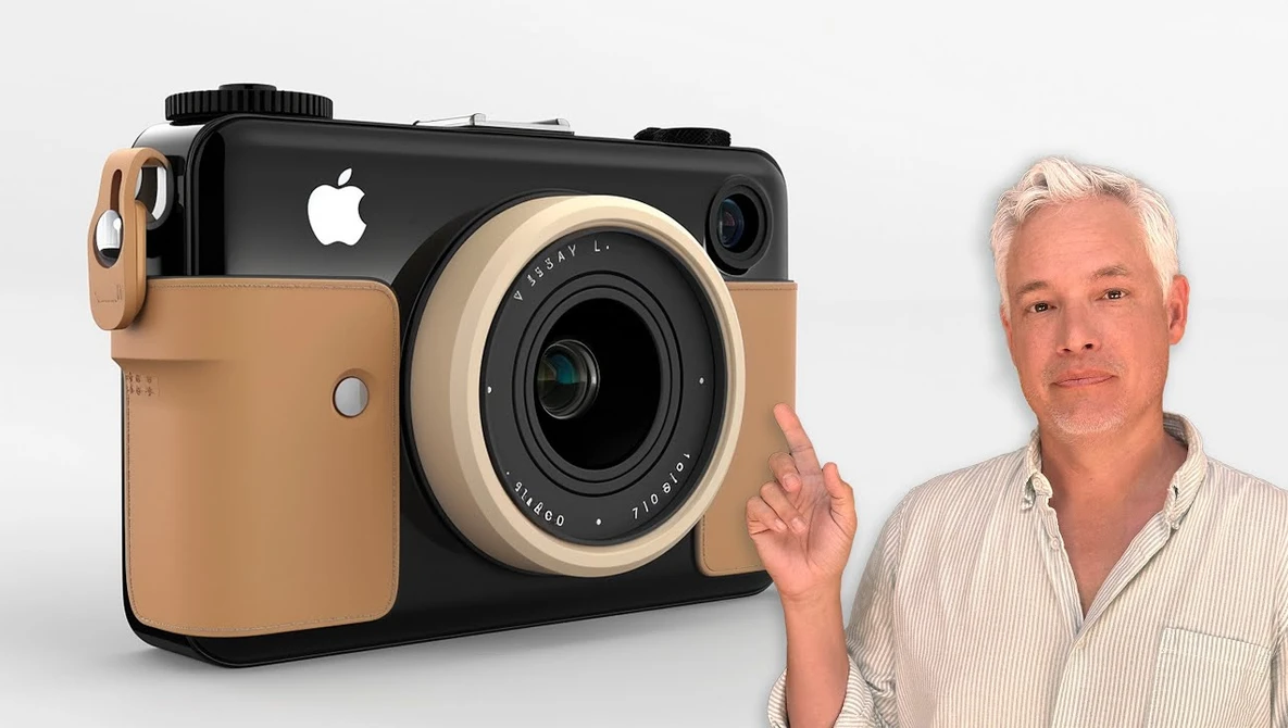 Concept render of a tan and black camera with Apple logo next to a man in a striped shirt.
