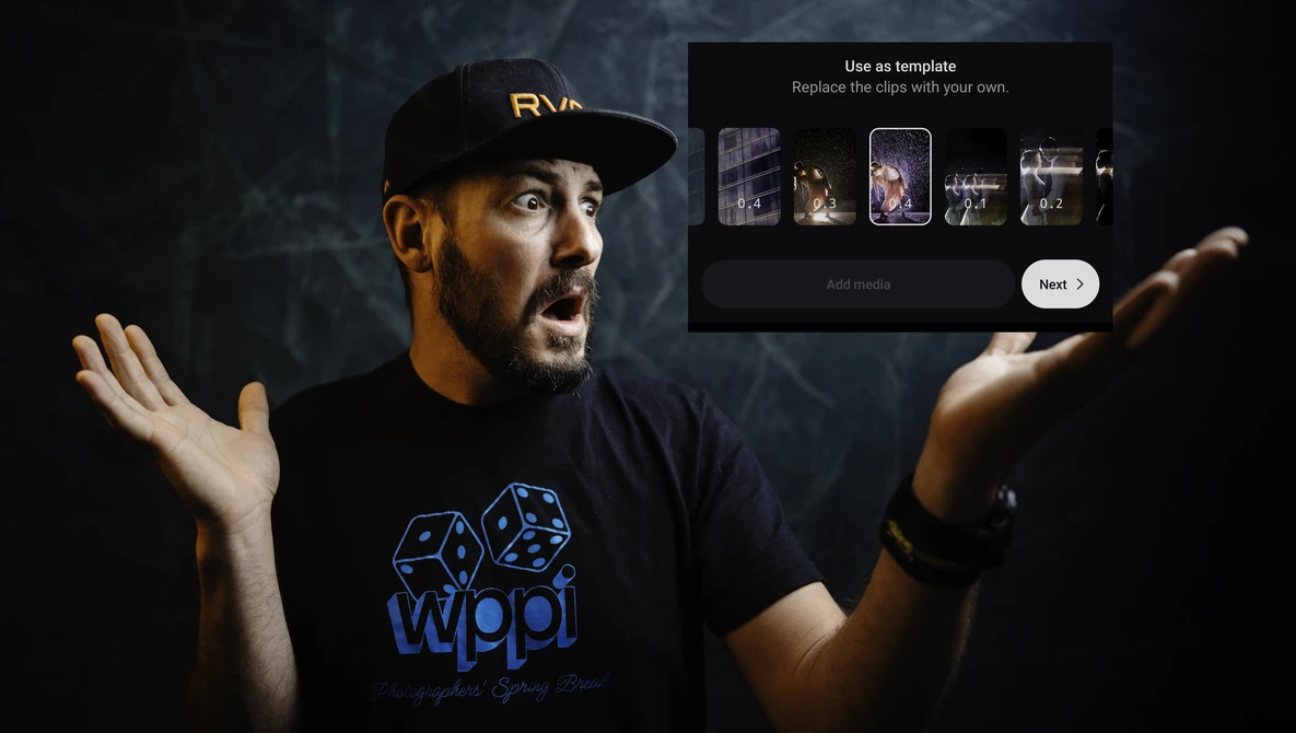 Man wearing black RVCA cap and Wypp dice logo shirt gestures expressively against dark textured backdrop.