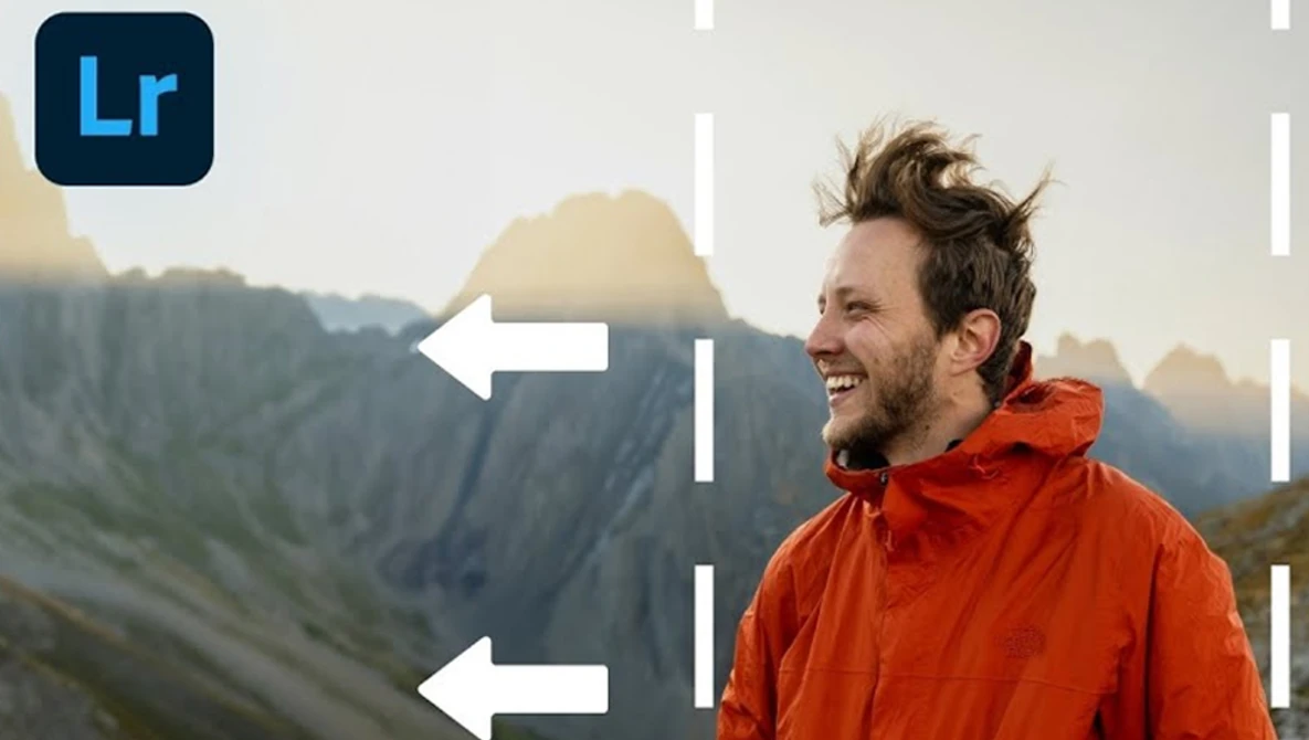 Man in red jacket smiling at camera with mountain landscape and editing interface overlay.