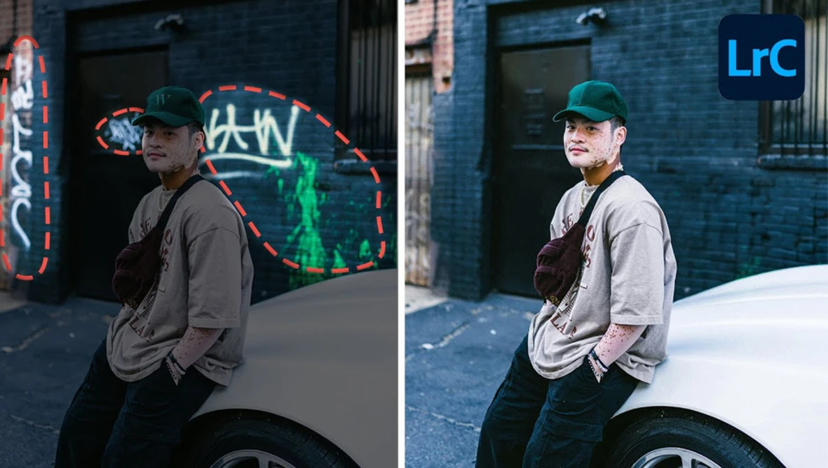 Side-by-side comparison of the same male subject in identical pose and location, demonstrating before and after photo editing.