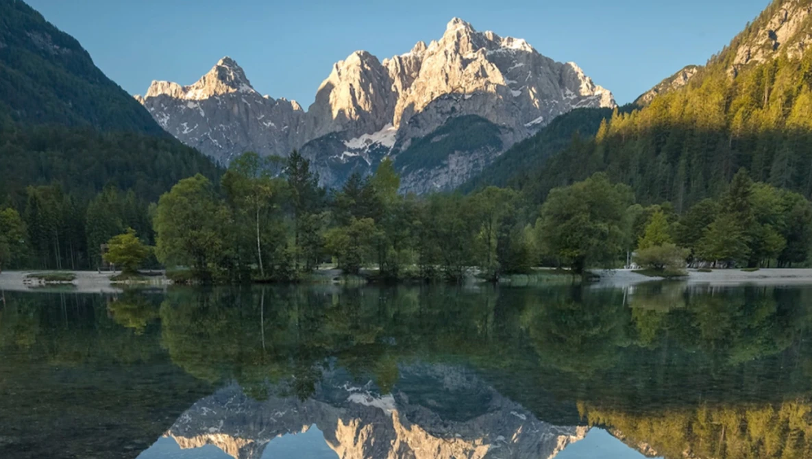 Snow-capped mountain peak reflected in still lake surrounded by evergreen forest.