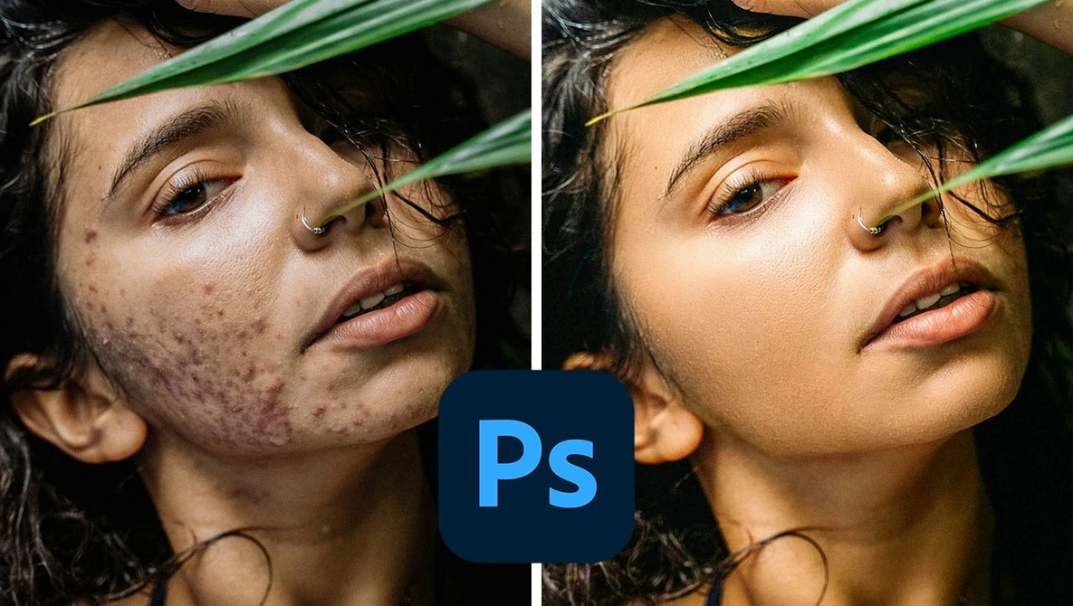 Side-by-side comparison of portrait retouching in Photoshop, showing before and after skin smoothing.