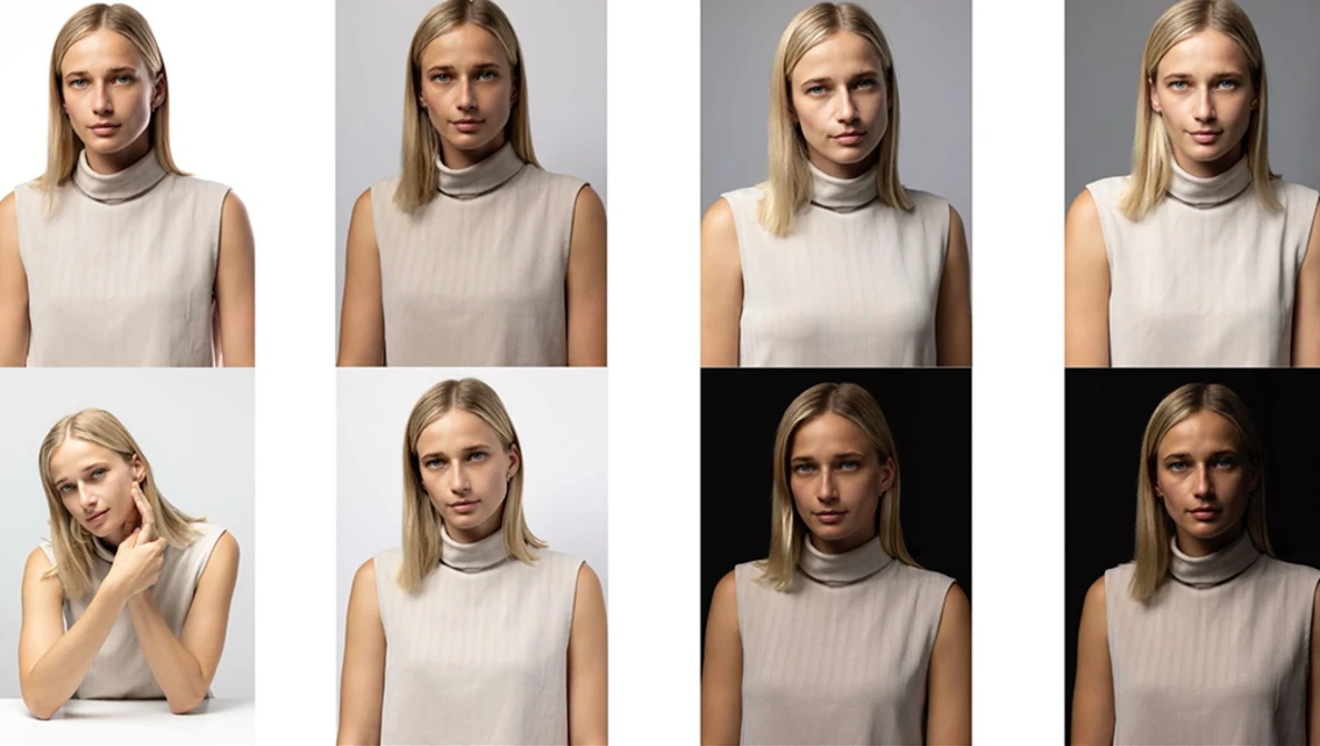 Grid of eight portrait headshots showing consistent lighting and framing variations for professional photography reference.