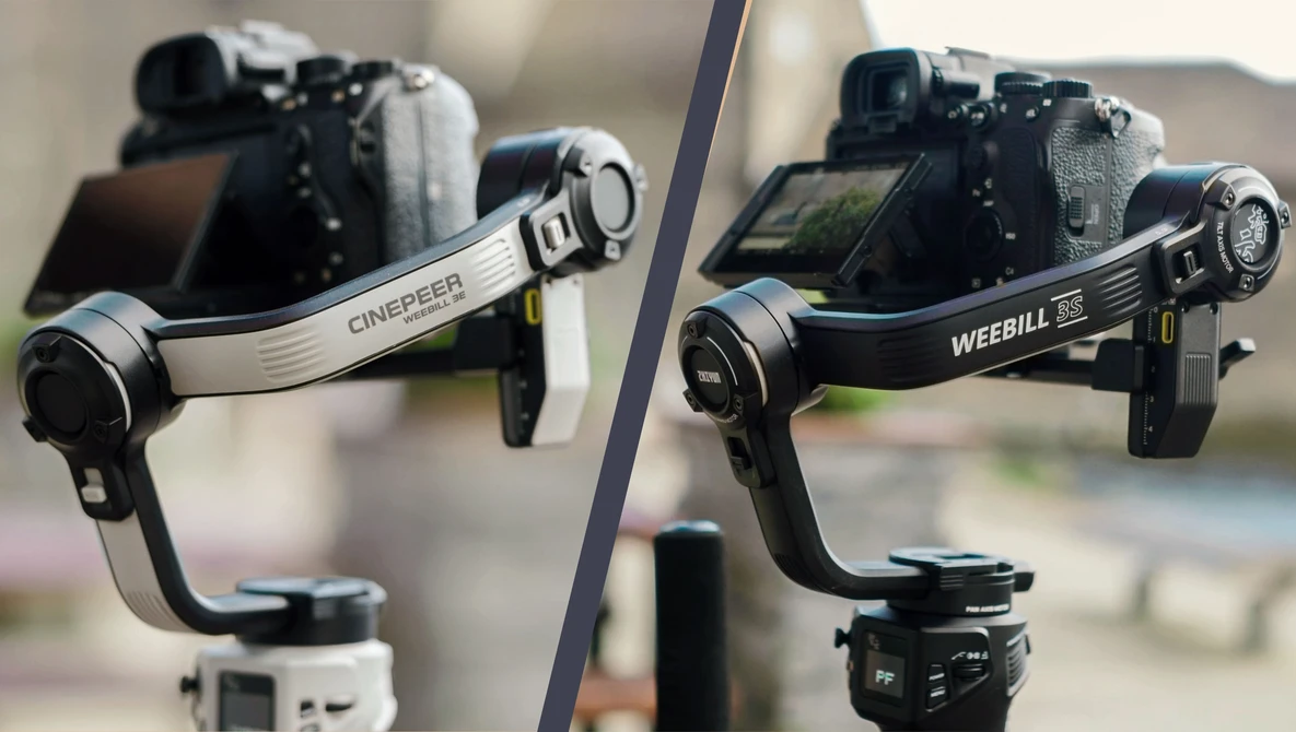 Side-by-side comparison of two camera gimbal stabilizers mounted on tripods, labeled Cinebeer and Weebill.