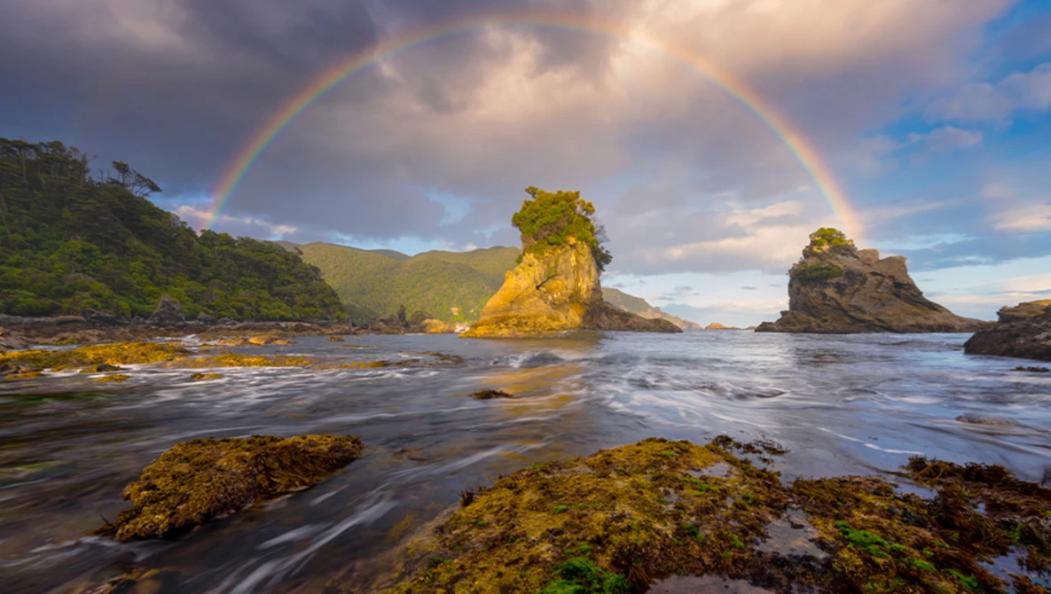 A double rainbow arcs over a dramatic coastal seascape with moss-covered rocks and a prominent sea stack bathed in golden light.