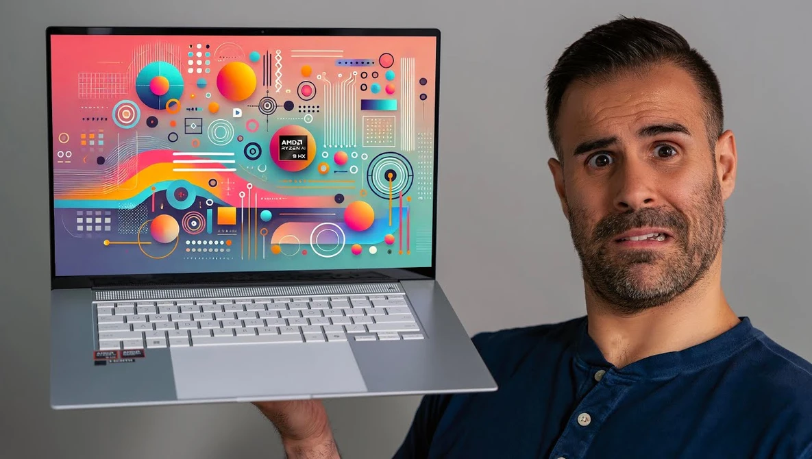 Man in dark blue shirt holding laptop displaying colorful abstract geometric design with circles and gradients.