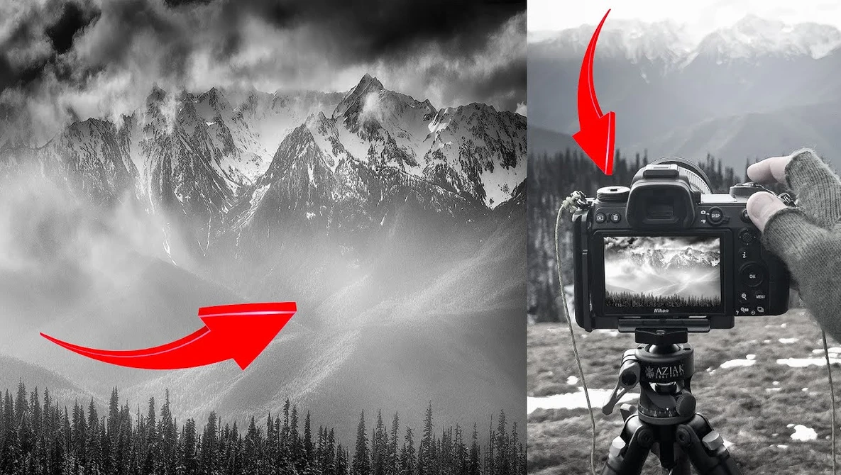 Split-screen comparison of dramatic mountain landscape and camera LCD screen displaying the same scene.