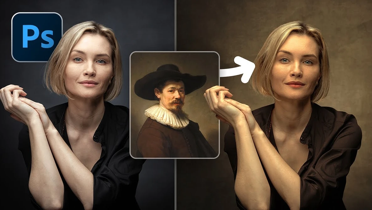 Photoshop editing comparison showing portrait transformation with classical painting style applied.