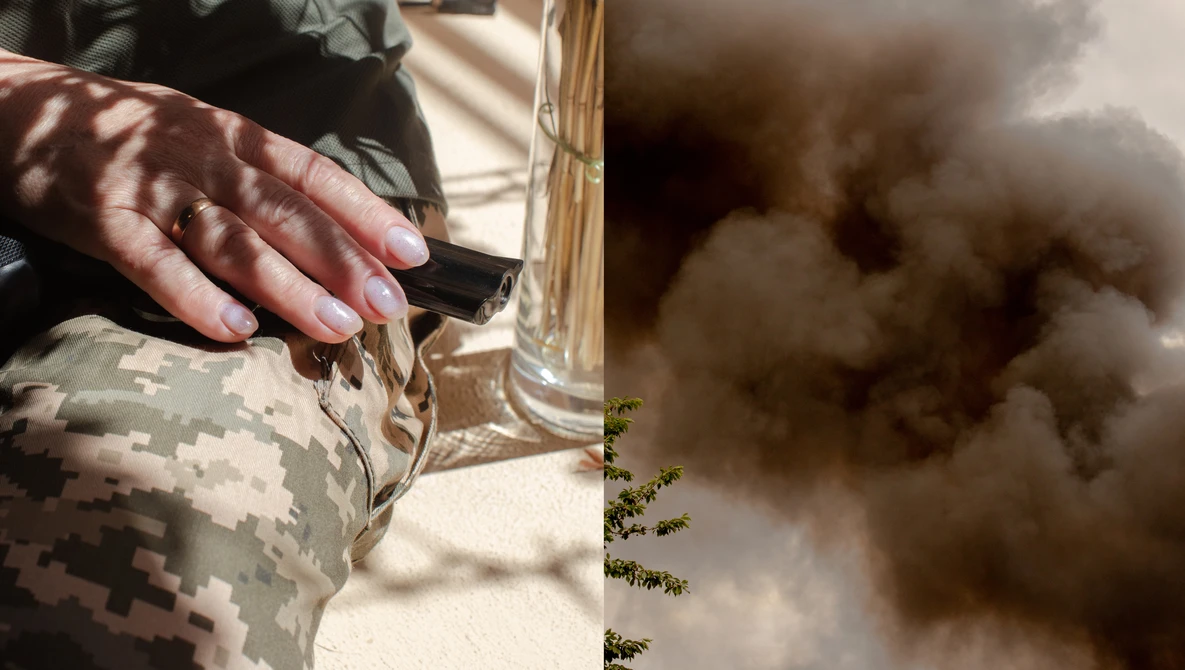 Soldier in digital camouflage uniform holding a rifle, with explosion and smoke visible in background.
