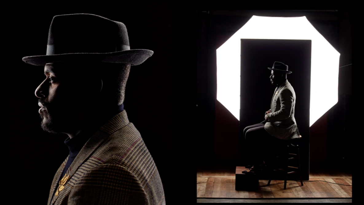 Split-screen portrait showing dramatic side-lit profile of man in hat and seated figure backlit by large octagonal softbox.
