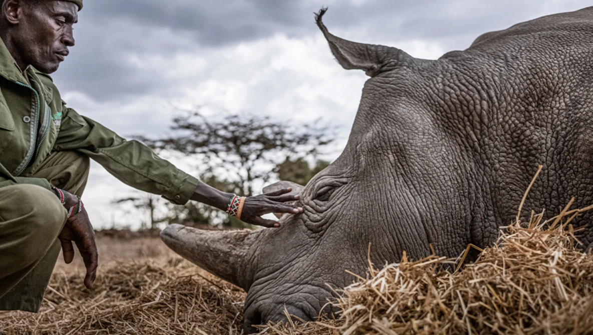 Wildlife caretaker hand-feeding a young rhinoceros in an open savanna setting.