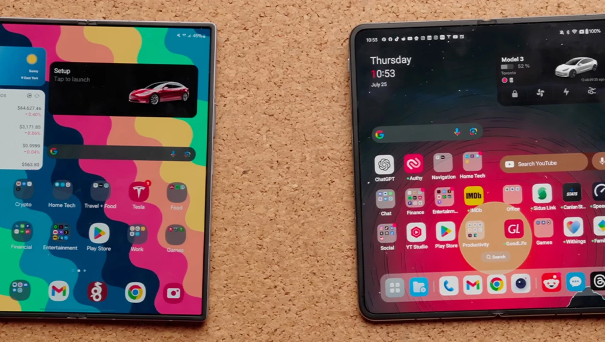 Two smartphones displaying colorful home screens with app icons and widgets on a cork surface.