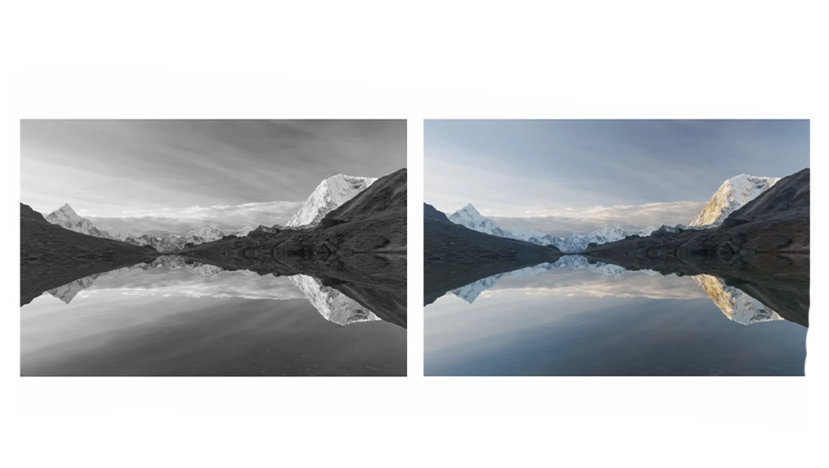 Mountain landscape reflected in still alpine lake, shown in black-and-white and color side-by-side comparison.