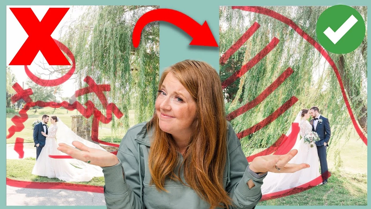 Woman gesturing toward wedding photo examples with red checkmark and X marks overlaid.