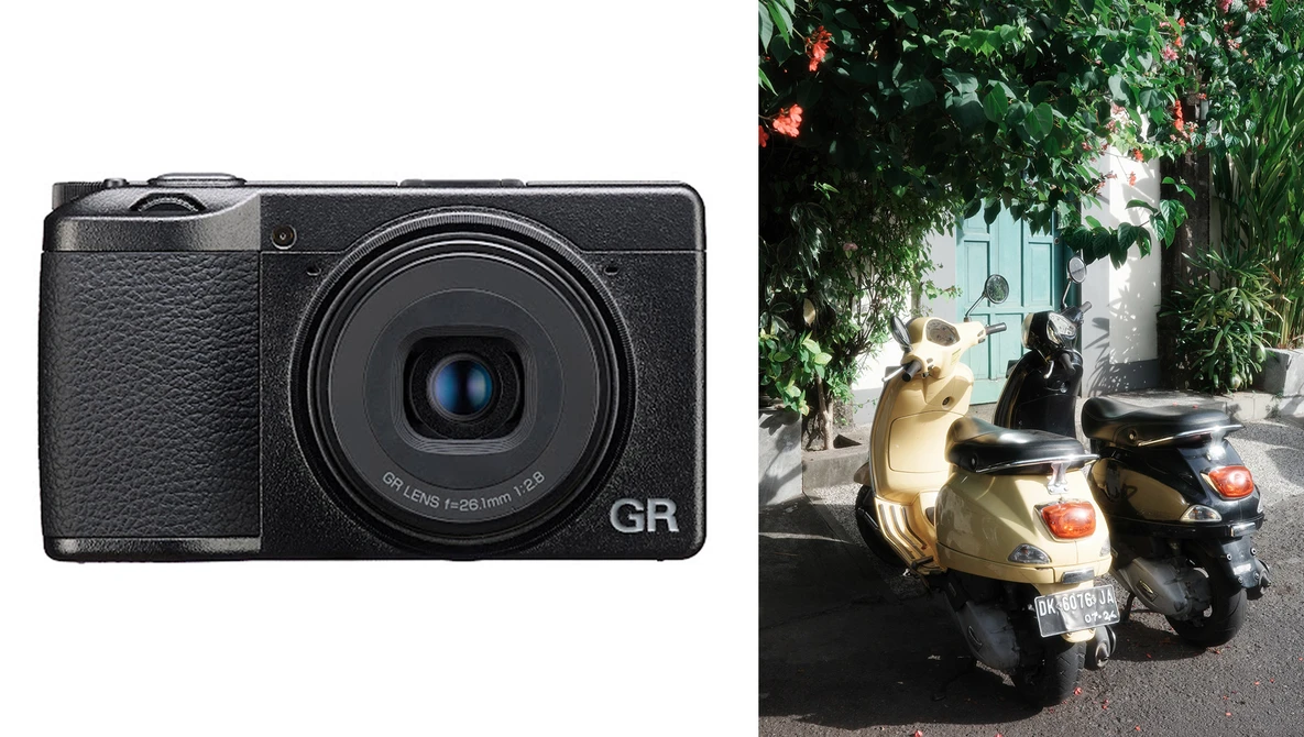 Ricoh GR camera next to a photo of parked scooters on a Mediterranean street.