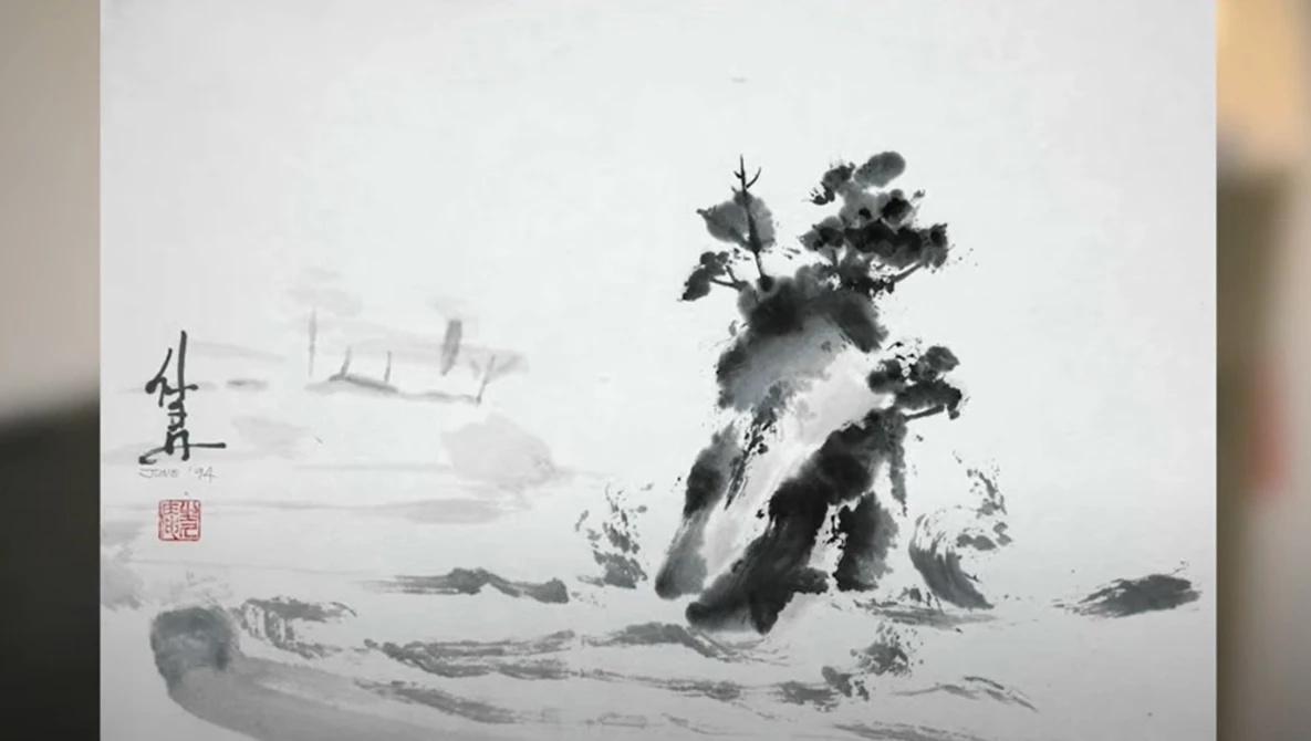 Ink wash painting of a gnarled tree on rocky terrain with distant mountains and architecture in misty background.